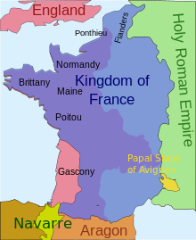a map of France showing only a small part of the south west under English control