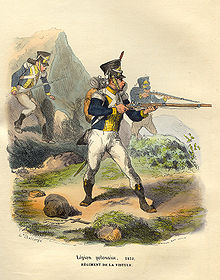 Colored print of a soldier pointing a musket. He wears a dark blue coat with yellow front and cuffs, white breeches and black gaiters. The caption states Legion Polonaise and Regiment de la Vistule.