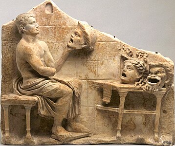 Roman, Republican or Early Imperial, Relief of a seated poet (Menander) with masks of New Comedy, 1st century B.C. – early 1st century A.D.