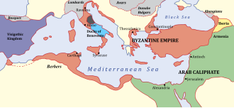 colored map of the Mediterranean in 650, showing Byzantium and the Rashidun Caliphate