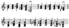 musical score showing a sequence of 22 different chords, each with 3, 4 or 5 notes