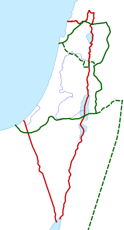   مرز از سوریه فلسطین   مرز میان فلسطین اول (بعدتر جند فلسطین) و فلسطین دوم (بعدتر جند اردن)   مرز قیمومت بریتانیا بر فلسطین میان سال‌های ۱۹۲۰ و ۱۹۴۸   مرز میان اسرائیل و کشور فلسطین (i.e. کرانه باختری و نوار غزه)