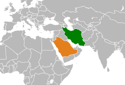 Map indicating locations of Iran and Saudi Arabia