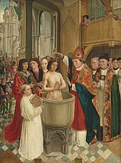 painting of Clovis I conversion to Catholicism in 498, a king being baptised in a tub in a cathedral surrounded by bishop and monks