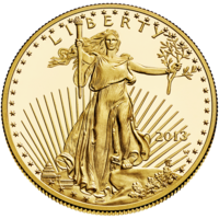 The obverse of the American Gold Eagle, a gold bullion coin in current production, designed by Saint-Gaudens