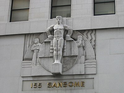 Grupul de sculpturi al lui Ralph Stackpole deasupra ușii Bursei de Valori din San Francisco (1930)