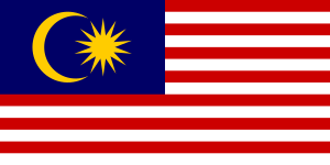 Flag of Malaysia (original version, 1950, current version 1963.) The yellow crescent represents Islam, the yellow star the unity of the fourteen states of Malaysia. The red and white stripes (like the stripes on the U.S. flag) are adopted from the flag of the British East India Company.