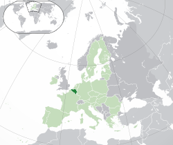 比利时的位置（深绿色） – 欧洲（绿色及深灰色） – 欧盟（绿色）