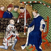 A colourful Medieval painting of a man kneeling before a king