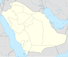 Mapa konturowa Arabii Saudyjskiej, po lewej nieco na dole znajduje się punkt z opisem „Święty Meczetالمسجد الحرامAl-Masdżid al-Haram”