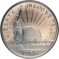 Liberty Enlightening the World depicted on the obverse of its 1986 100th anniversary Statue of Liberty commemorative half-dollar