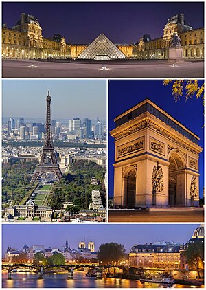 În sensul acelor de ceas: Muzeul Luvru, Arcul de Triumf, spre La Défense, Panorama Parisului de pe fluviul Sena cu podul Pont des Arts și Turnul Eiffel