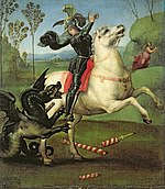 لوحة لرجل يرتدي درعًا ويمتطي حصانًا أبيض ويقاتل تنينًا أسود على يساره.