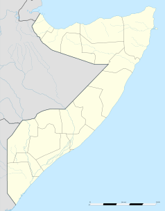 Mapa konturowa Somalii, blisko centrum na dole znajduje się punkt z opisem „Jawhar”