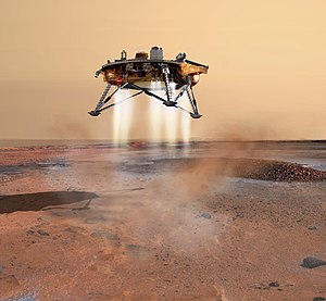 Уметниково виђење слетања сонде Феникс на површину Марса.