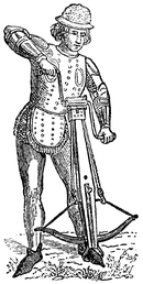 a pen and ink sketch of a medieval crossbowman winding back the bowstring of his weapon