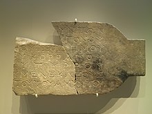 Kiri: sebuah atrium yang dialas dengan mosaik di Pela, Yunani. Kanan: sebuah inskripsi yang mencantumkan nama arkhon (politarkh) di enam kota, abad ke-2 SM, Museum Arkeologi Pela.