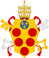 Leo X (1513-1521), the first of the Medici popes. The "augmented coat of arms of the House of Medici, Or, five balls in orle gules, in chief a larger one of the arms of France (viz. Azure, three fleurs-de-lis or) was granted by Louis XI in 1465.[25]