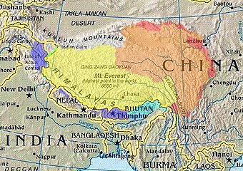 Kulturni/zgodovinski Tibet (označen) s prikazanimi različnimi ozemeljskimi pojmovanji