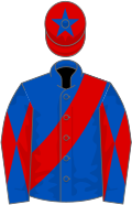 Royal blue, red sash, diabolo on sleeves, red cap, royal blue star