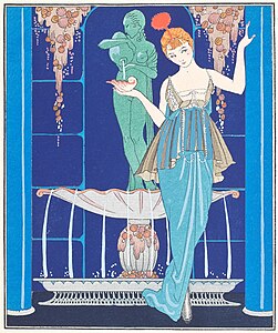Ilustrație de Georges Barbier a unei ținute de Jeanne Paquin (1914). Designurile florale stilizate și culorile intense sunt o caracteristică a Art Deco-ului timpuriu