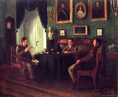 Gogol and Zhukovsky at Pushkin's in Tsarskoe selo by P. Geller (1910).jpg