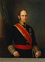 Painting shows a brown-haired man with long sideburns. He wears a dark blue, high-collared military uniform with a red and yellow sash across his chest. There are two awards pinned to his coat.