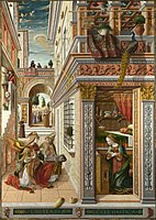 Annunciation with St. Emidius (1486) by Carlo Crivelli. A peacock is sitting on the roof above the praying Virgin Mary.