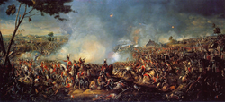 Painting of a bloody battle. Horses and infantry fight or lie on grass.