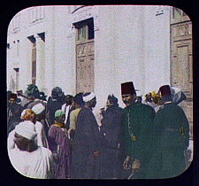 Cairo, soldiers and crowd in front of building, 1895