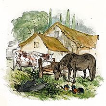 Watercolor drawing of farmyard with cow, horse, pigs, and chickens
