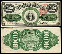 Obverse and reverse of a one-thousand-dollar greenback
