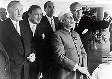 Photograph of Nehru and German chancellor Konrad Adenauer and Deutsche Bank chairman Hermann Josef Abs