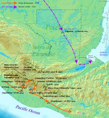 Pedro de Alvarado entered Guatemala from the west along the southern Pacific plain in 1524, before swinging northwards and fighting a number of battles to enter the highlands. He then executed a broad loop around the north side of the highland Lake Atitlán, fighting further battles along the way, before descending southwards once more into the Pacific lowlands. Two more battles were fought as his forces headed east into what is now El Salvador. In 1525 Hernán Cortés entered northern Guatemala from the north, crossed to Lake Petén Itzá and continued roughly southeast to Lake Izabal before turning east to the Gulf of Honduras.