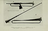 Buisine, clarion (a natural trumpet), and field trumpet, from Francis W. Galpin book Old English instruments of music. The latter two instruments are a latter stage of the clarion.