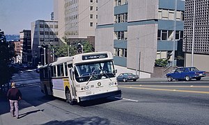A trolleybus climbing an 18% grade in Seattle