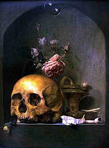A 17th century painting of various objects, the most prominent of which is a human skull.