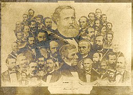 An illustration depicting the large head and shoulders of a bearded man superimposed over a large number of smaller male portrait busts