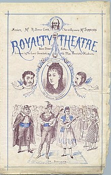 A programme cover for the Royalty Theatre printed in black and blue with engraved illustrations and decorations. There is a large illustration of the main attraction, La Périchole, but caricatures of Gilbert and Sullivan as cherubs frame a portrait of Selina Dolaro.