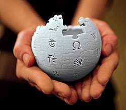 손 위에 놓여져있는 3D 프린팅된 위키백과 지구본