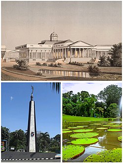 From top: Bogor Palace • From bottom left: Kujang Monument, Bogor Botanical Garden