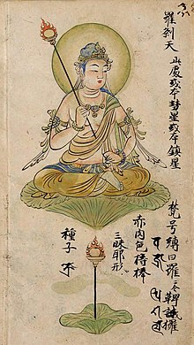 Rakshasa as a single deity, depicted on a page from a folio describing deities from the Diamond Realm and Womb Realm. Japan, Heian period, 12th century.