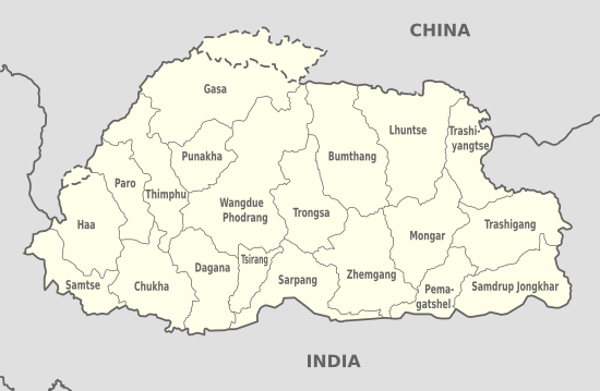 A map of Bhutan showing its 20 dzongkhags
