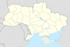 Mapa konturowa Ukrainy, u góry nieco na prawo znajduje się punkt z opisem „Ochtyrka”