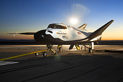 A Dream Chaser vehicle undergoing tow tests at Edwards Air Force Base