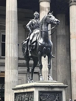 Statue of the Duke of Wellington on his horse Copenhagen unveiled in front of the Royal Exchange, in Royal Exchange Square, Glasgow in 1844.jpg