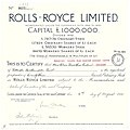 Certificate of the Rolls-Royce Limited for £23 of the Ordinary Stock, issued 8 August 1934. The stock certificate comes from the capital increase in November 1918 from £200,000 to £1,000,000. By far the oldest known British Rolls-Royce stock certificate.
