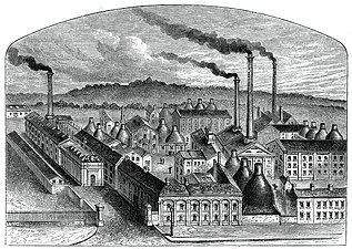 Engraving of The Royal Worcester porcelain works beside the Worcester and Birmingham Canal, c. 1880