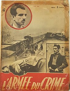 Numérisation d'un tract en noir et blanc intitulé "L'ARMÉE DU CRIME", sur lequel on peut voir deux hommes (un en haut à gauche, l'autre en bas à droite) ainsi qu'un train déraillé.