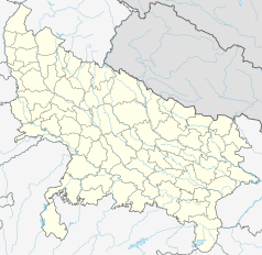 Mapa konturowa Uttar Pradesh, blisko prawej krawiędzi nieco na dole znajduje się punkt z opisem „Bhatni Bazar”